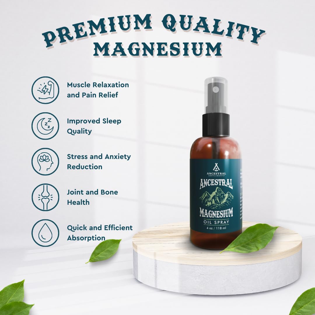 Ancestral Supplements Magnesium Spray, Magnesium for Sleep + Muscle Support, Made with Magnesium Chloride & Natural Minerals, Fast Absorbing Topical Magnesium Oil Supplement for Body Application, 4 oz - Maple Wellness Supplements