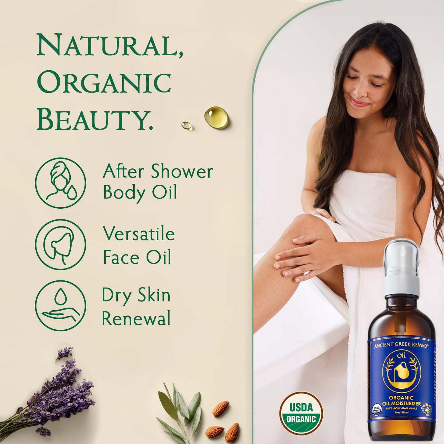 Ancient Greek Remedy Body Oil - Organic After Shower Face Oil & Body Moisturizer for Dry Skin - Almond, Jojoba, Olive, Lavender - Maple Wellness Supplements