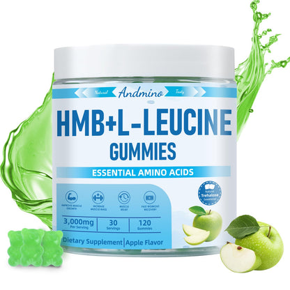 andmino HMB and L-Leucine Gummies, 3000mg, with Trehalose, for Muscle Growth, Muscle Relief and Workout Recovery, for Adults & Elder, Non-GMO - Maple Wellness Supplements
