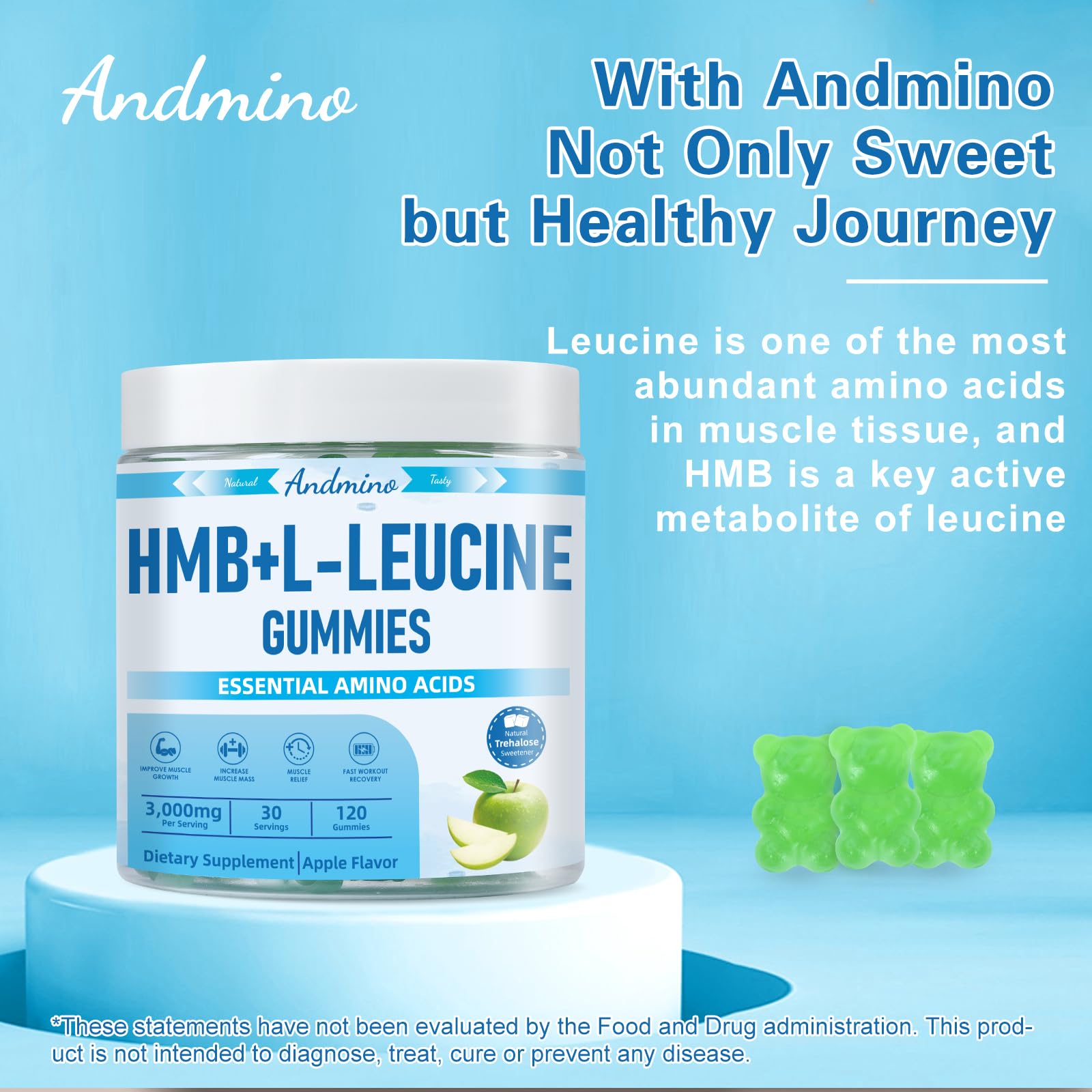 andmino HMB and L-Leucine Gummies, 3000mg, with Trehalose, for Muscle Growth, Muscle Relief and Workout Recovery, for Adults & Elder, Non-GMO - Maple Wellness Supplements