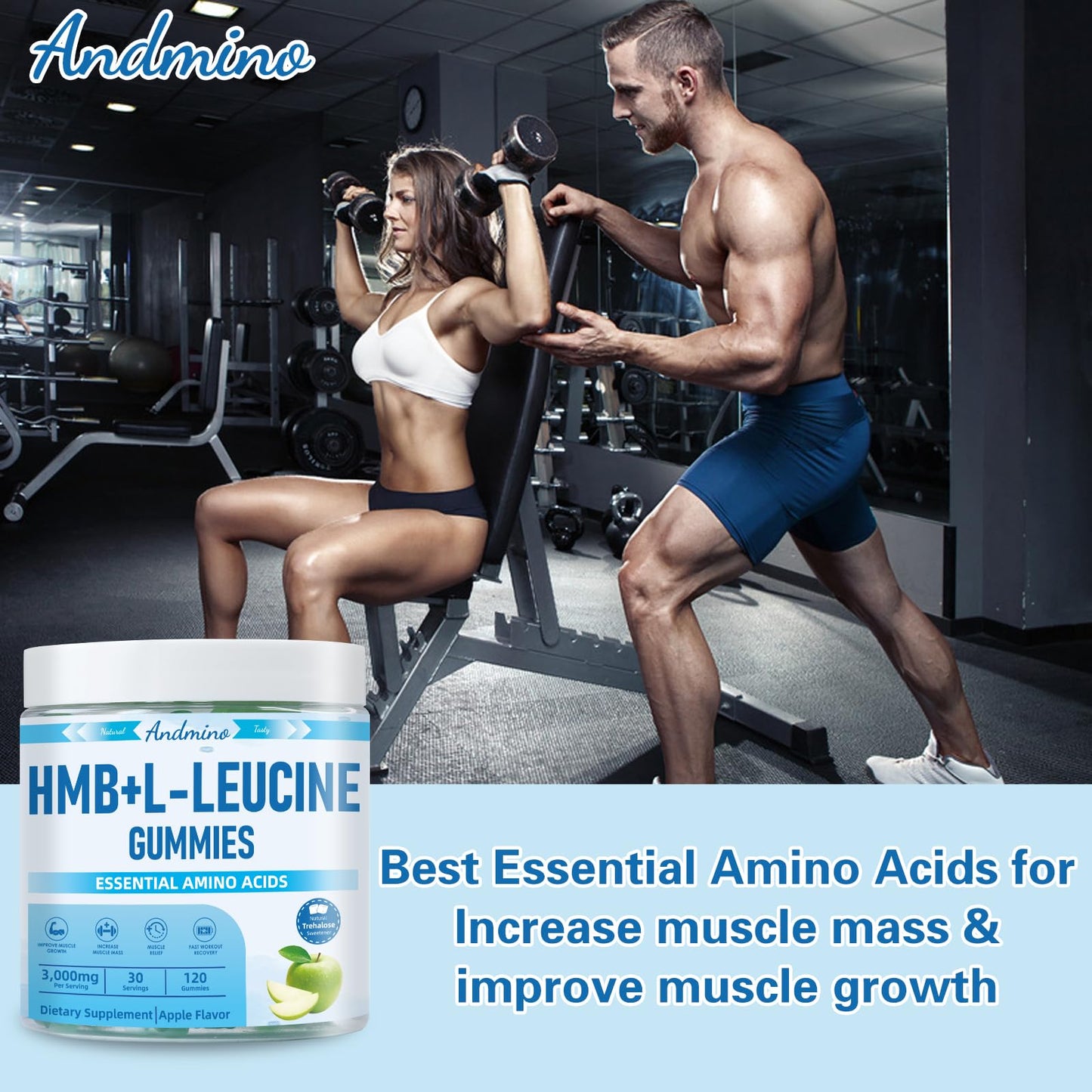 andmino HMB and L-Leucine Gummies, 3000mg, with Trehalose, for Muscle Growth, Muscle Relief and Workout Recovery, for Adults & Elder, Non-GMO - Maple Wellness Supplements