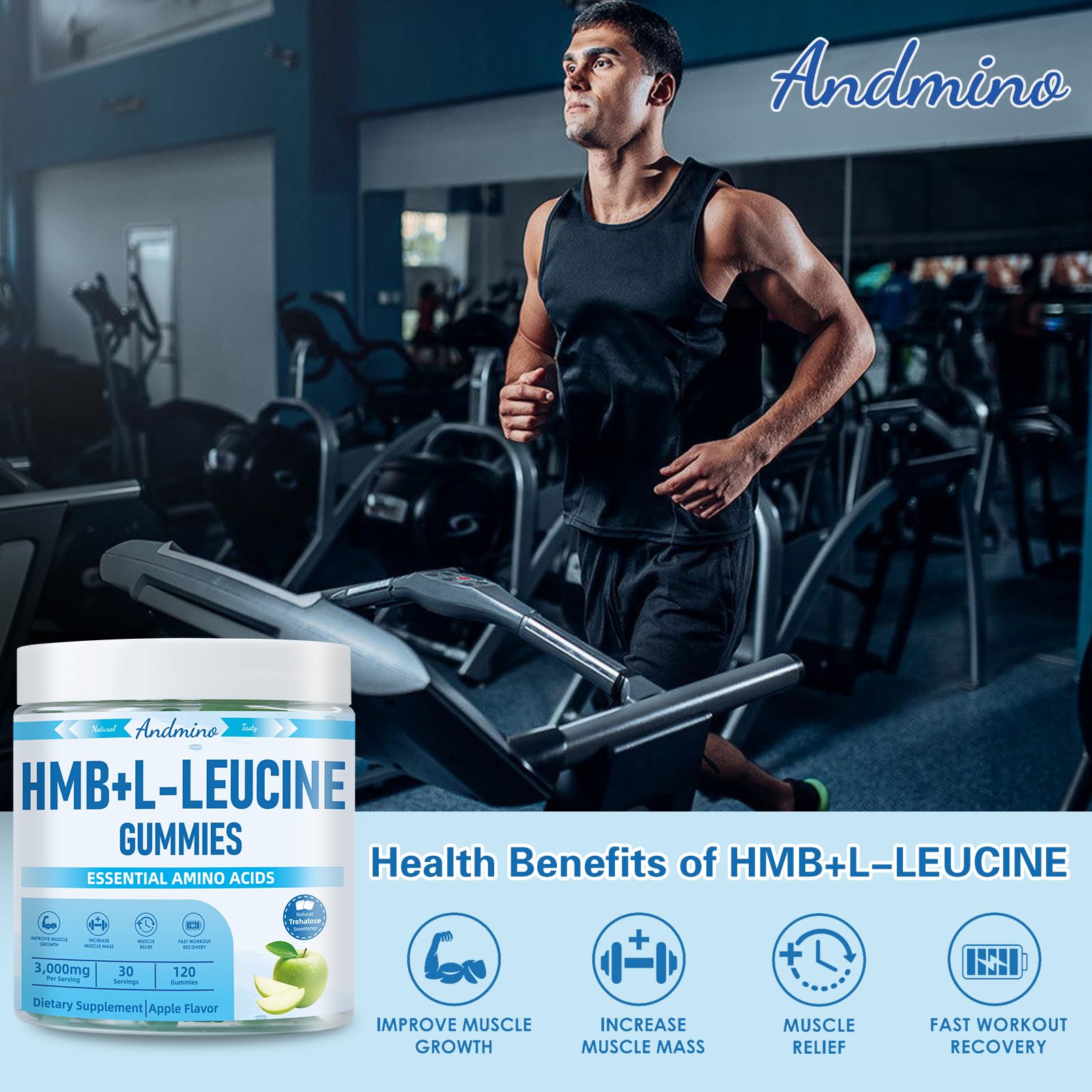 andmino HMB and L-Leucine Gummies, 3000mg, with Trehalose, for Muscle Growth, Muscle Relief and Workout Recovery, for Adults & Elder, Non-GMO - Maple Wellness Supplements