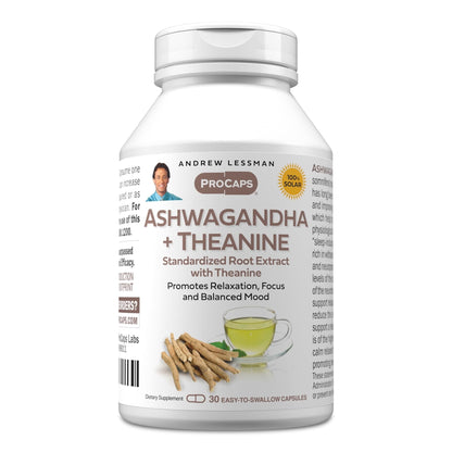 ANDREW LESSMAN Ashwagandha + Theanine 30 Capsules - Standardized Extract. Promotes Relaxation, Focus and Balanced Mood. Small Easy to Swallow Capsules - Maple Wellness Supplements