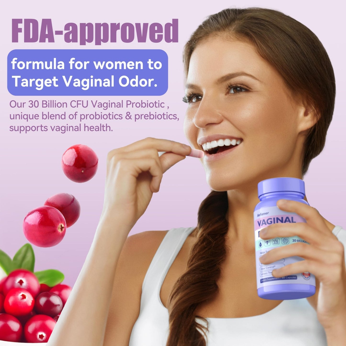AnFamer Vaginal Probiotics for Women Female,Promotes Ph Balance,Healthy Vaginal Odor & Flora,Urinary Tract Health with Prebiotics & Lactobacillus Probiotic - Maple Wellness Supplements