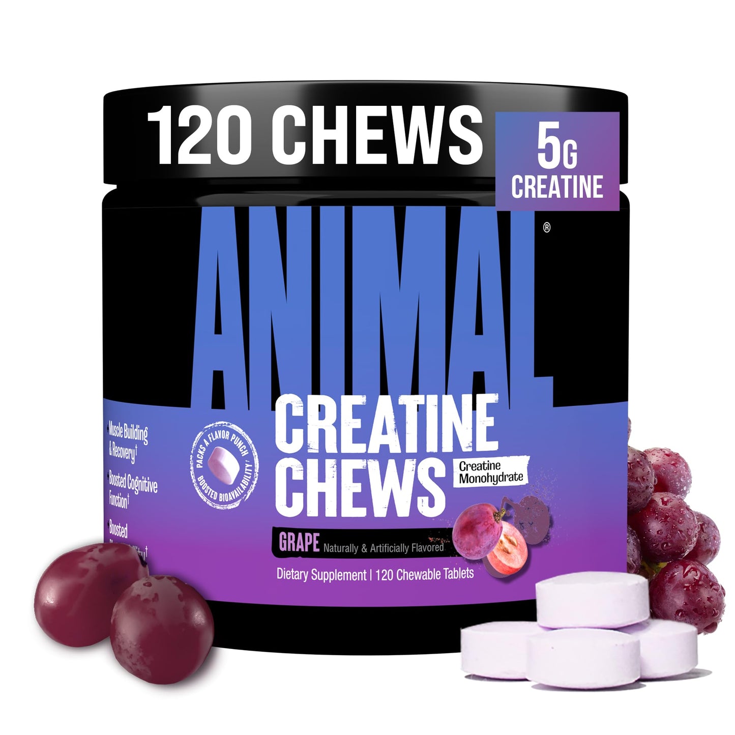 Animal Creatine Chews – 5g Creatine Monohydrate Tablets for Strength, Power & Training Recovery Support – Enhanced Absorption with AstraGin® – Convenient Chewable Format – 120 Tablets - Maple Wellness Supplements