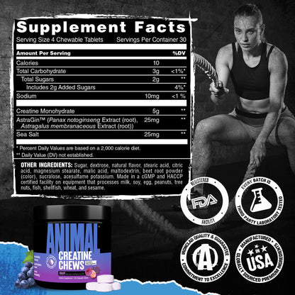 Animal Creatine Chews – 5g Creatine Monohydrate Tablets for Strength, Power & Training Recovery Support – Enhanced Absorption with AstraGin® – Convenient Chewable Format – 120 Tablets - Maple Wellness Supplements