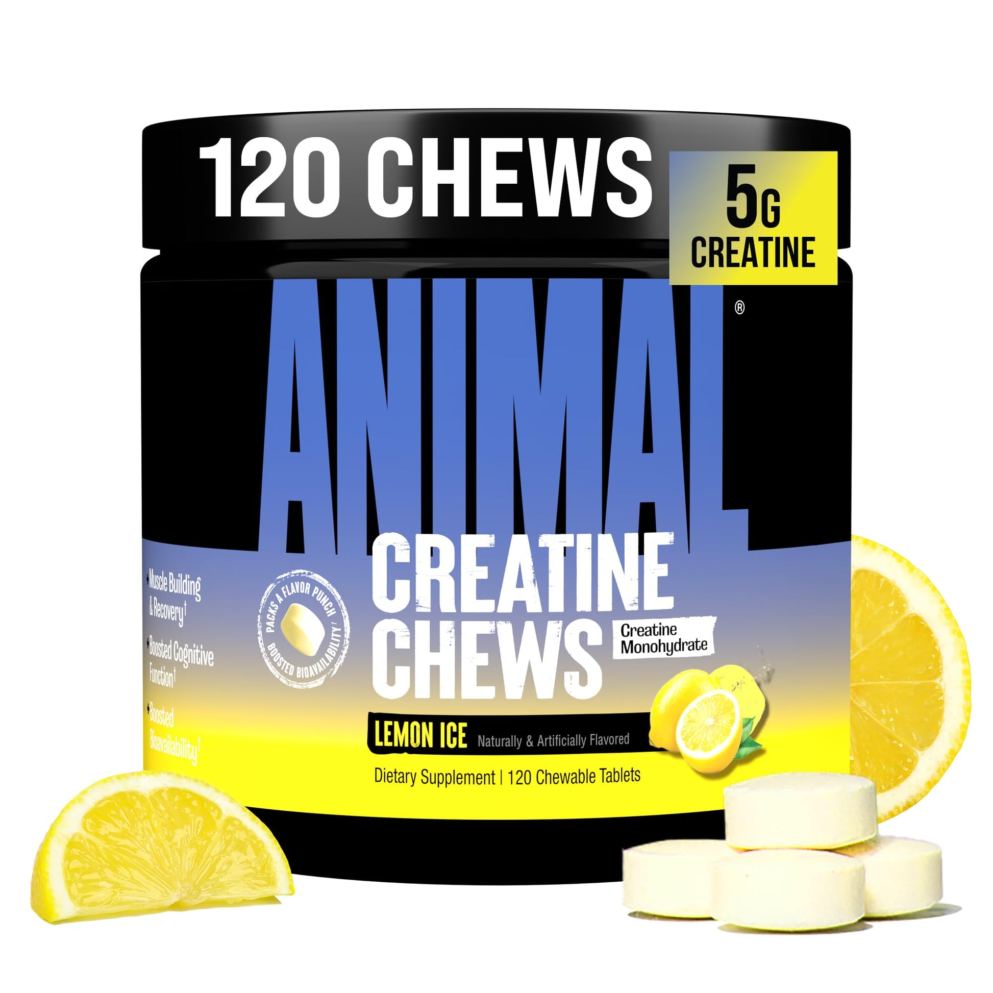 Animal Creatine Chews Tablets - Enhanced Creatine Monohydrate with AstraGin to Improve Absorption, Sea Salt for Added Pumps, Delicious and Convenient Chewable Tablets - Lemon Ice - Maple Wellness Supplements