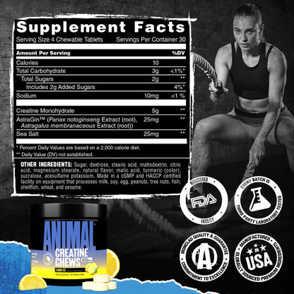 Animal Creatine Chews Tablets - Enhanced Creatine Monohydrate with AstraGin to Improve Absorption, Sea Salt for Added Pumps, Delicious and Convenient Chewable Tablets - Lemon Ice - Maple Wellness Supplements