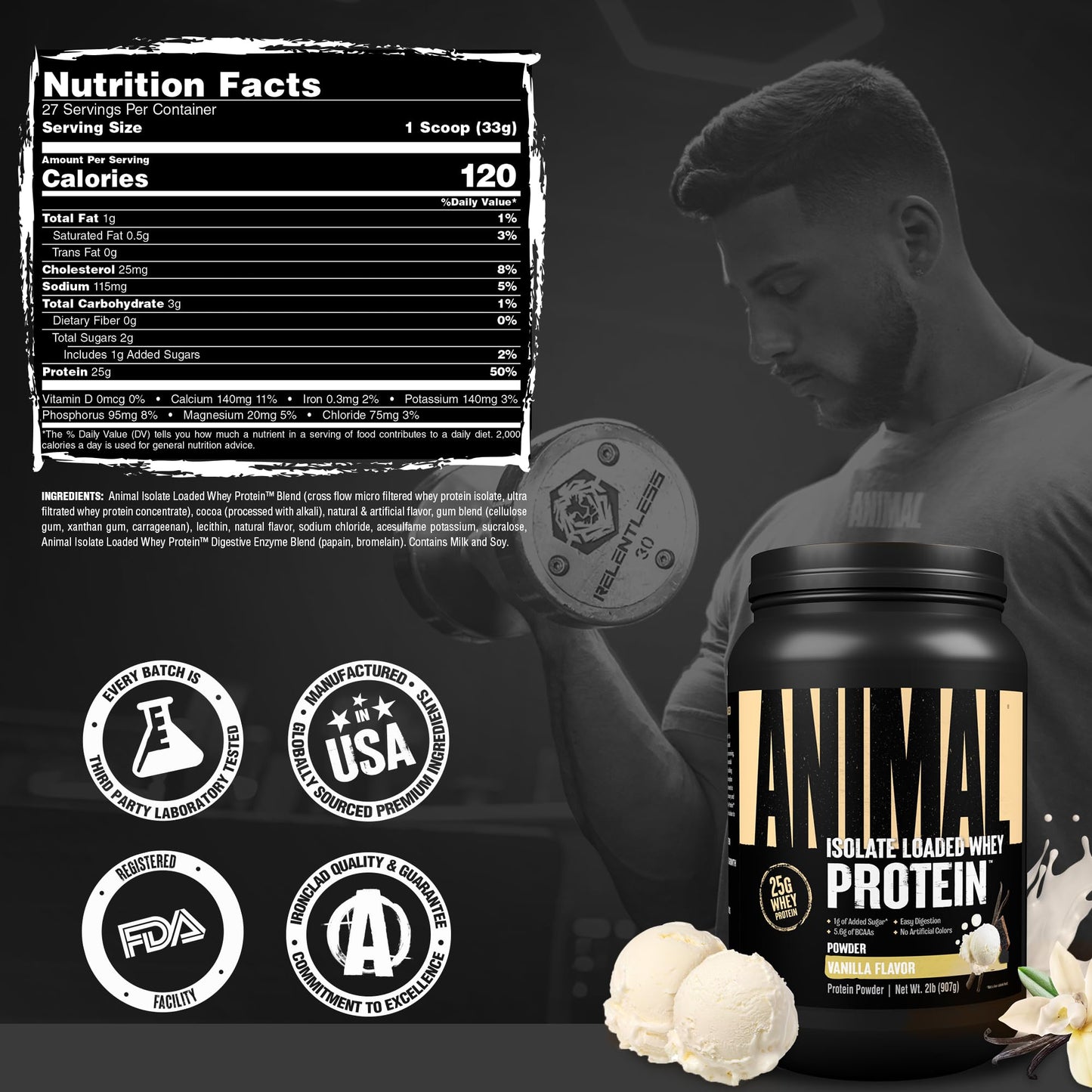 Animal Whey Isolate Protein Powder - Loaded for Pre & Post Workout Muscle Builder and Recovery with Digestive Enzymes for Men & Women - 25g Protein, Great Taste, Low Sugar - Vanilla 2 lbs - Maple Wellness Supplements