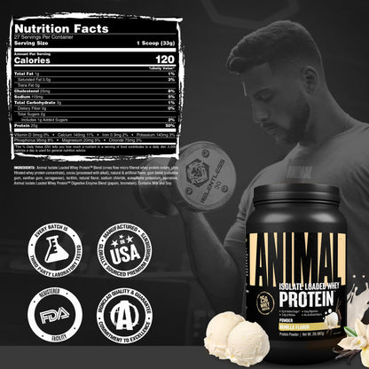 Animal Whey Isolate Protein Powder - Loaded for Pre & Post Workout Muscle Builder and Recovery with Digestive Enzymes for Men & Women - 25g Protein, Great Taste, Low Sugar - Vanilla 2 lbs - Maple Wellness Supplements