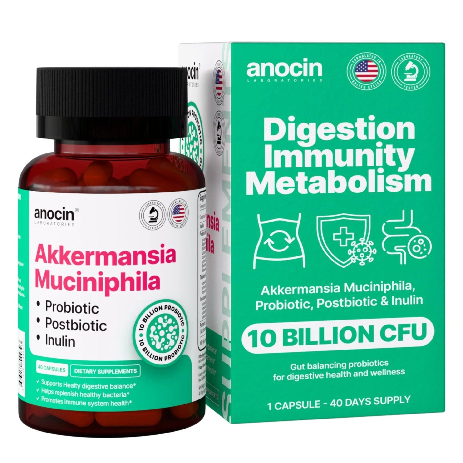 anocin Akkermansia Muciniphila + Probiotic, Postbiotic & Inulin - Gut Health Supplement for Digestion, Immune Support - 10 Billion CFU, Vegan & Gluten-Free - Maple Wellness Supplements
