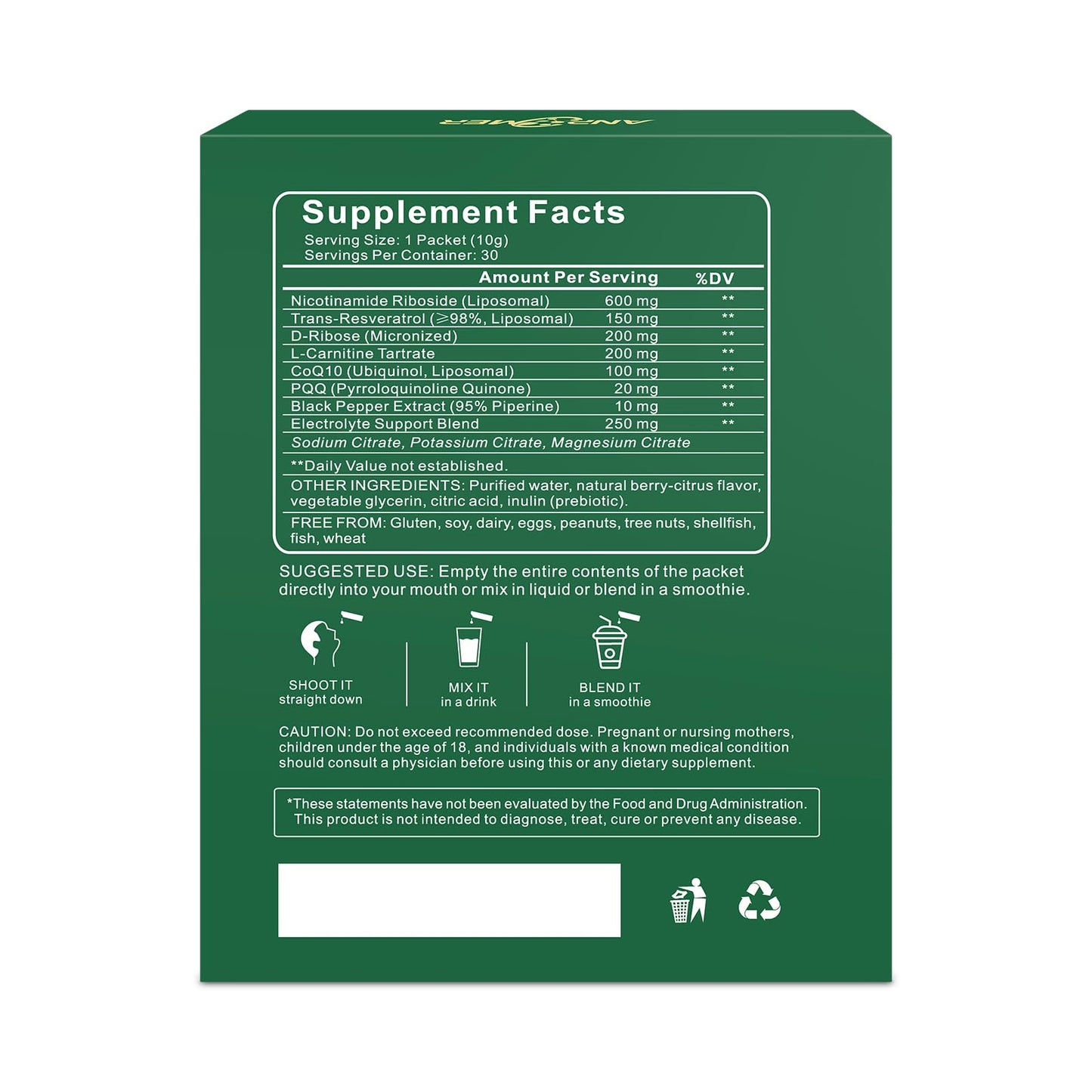 ANPOMER NAD Supplement with Liposomal Nicotinamide Riboside 600mg, Resveratrol, CoQ10, PQQ & D-Ribose, Electrolyte Blend, 30 Liquid Packets - Maple Wellness Supplements