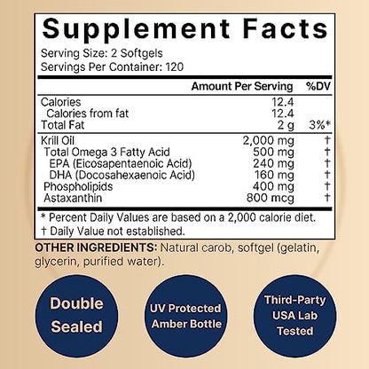 Antarctic Krill Oil 2000mg Supplement, 240 Softgels, 3X Strength Natural Source of Omega - Maple Wellness Supplements