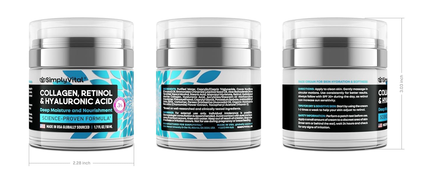 Anti-Aging Face Moisturizer with Retinol, Collagen & Hyaluronic Acid - Made in USA - Moisturizer Face Cream for Women & Men - Firming & Hydrating Neck Cream - Day & Night Skin Care - 1.7 fl oz - Maple Wellness Supplements