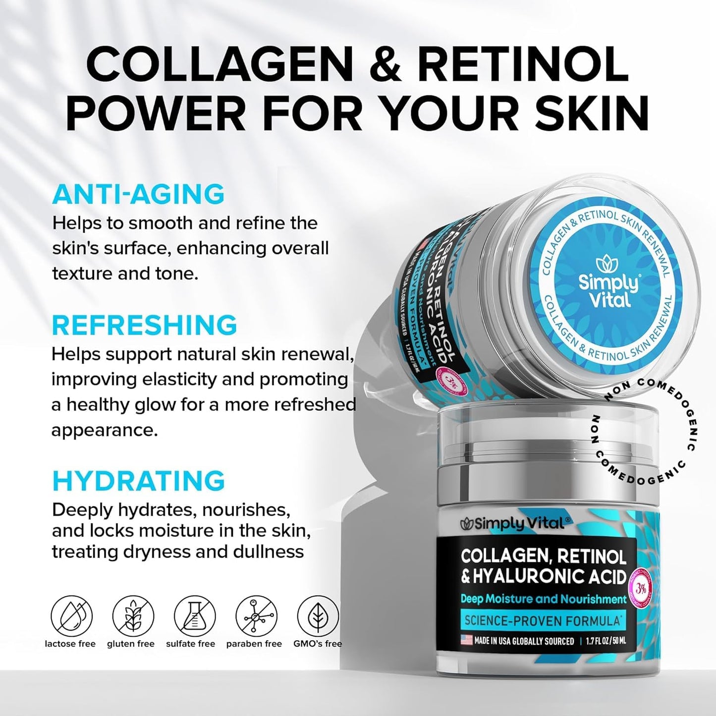 Anti-Aging Face Moisturizer with Retinol, Collagen & Hyaluronic Acid - Made in USA - Moisturizer Face Cream for Women & Men - Firming & Hydrating Neck Cream - Day & Night Skin Care - 1.7 fl oz - Maple Wellness Supplements