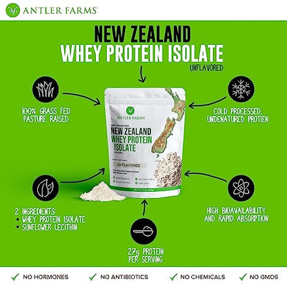 Antler Farms - 100% Grass Fed New Zealand Whey Protein Isolate, Unflavored, 30 Servings - Maple Wellness Supplements
