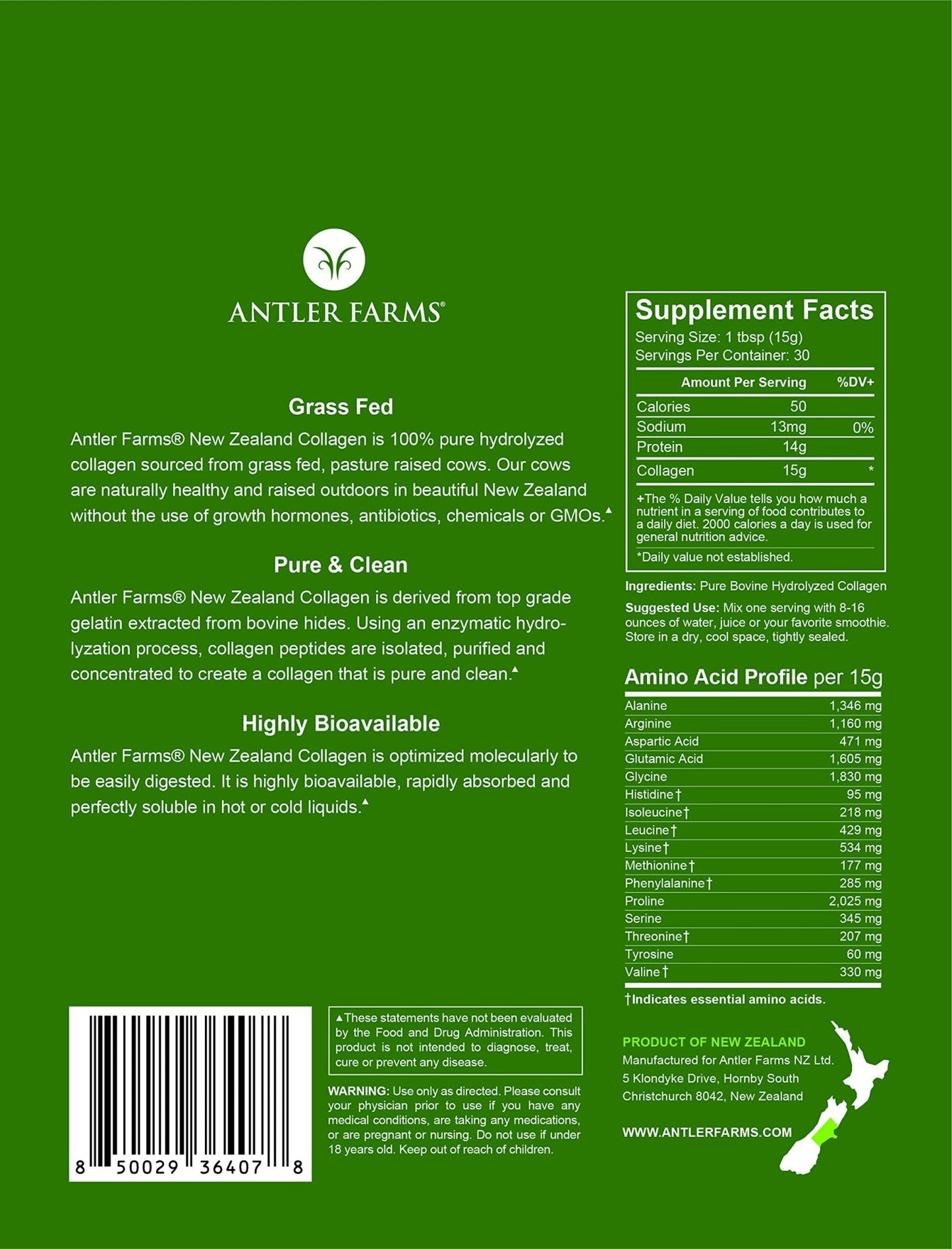 Antler Farms - 100% Pure New Zealand Collagen Powder from Grass Fed Cows, Unflavored, 1 lb - Hydrolyzed Cold Water Soluble Peptides, Keto Friendly, Bioavailable, Quick Dissolving - Maple Wellness Supplements