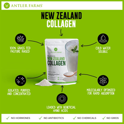 Antler Farms - 100% Pure New Zealand Collagen Powder from Grass Fed Cows, Unflavored, 1 lb - Hydrolyzed Cold Water Soluble Peptides, Keto Friendly, Bioavailable, Quick Dissolving - Maple Wellness Supplements