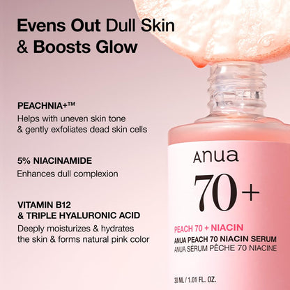 Anua Peach 70 Niacinamide Serum, Daily Glow Serum For Face, Skin Tone & Dullness Care with Vitamin B12, Lightweight - Maple Wellness Supplements