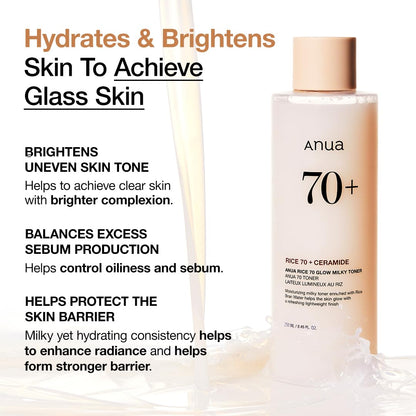 Anua Rice 70 Glow Milky Toner, Glass & Dewy Skin, Hydrating & Barrier Care, Rice Water - Maple Wellness Supplements