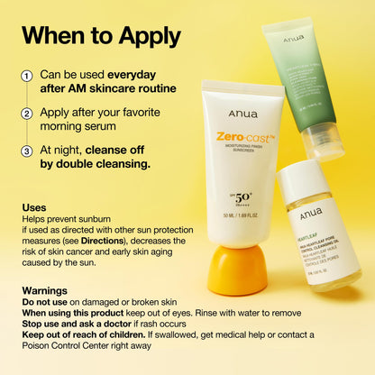 Anua, Zero-Cast Moisturizing Sunscreen SPF 50, Glow Natural Sunscreen for face, No White - Maple Wellness Supplements