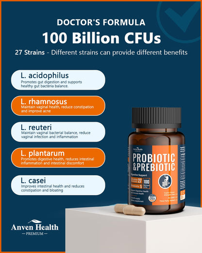 Anven Health 100 Billion Probiotics for Men and Women 27 Strains 5 Organic Prebiotics for Gut Digestive & Immune Health, Supports Diarrhea Gas Bloating - Maple Wellness Supplements