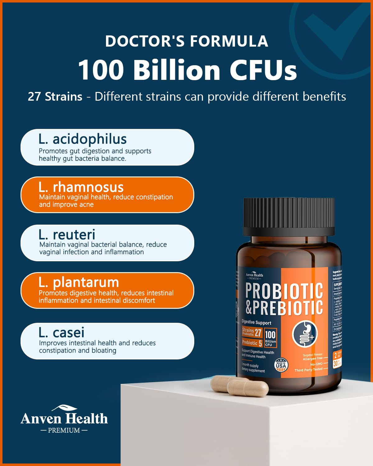 Anven Health 100 Billion Probiotics for Men and Women 27 Strains 5 Organic Prebiotics for Gut Digestive & Immune Health, Supports Diarrhea Gas Bloating, - Maple Wellness Supplements