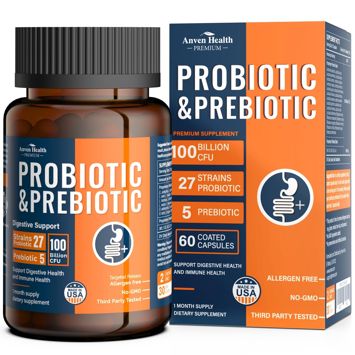 Anven Health 100 Billion Probiotics for Men and Women 27 Strains 5 Organic Prebiotics for Gut Digestive & Immune Health, Supports Diarrhea Gas Bloating, - Maple Wellness Supplements