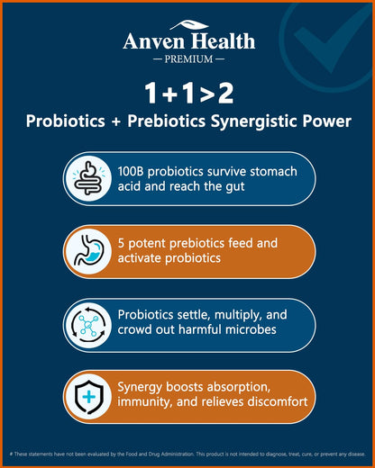 Anven Health 100 Billion Probiotics for Men and Women 27 Strains 5 Organic Prebiotics for Gut Digestive & Immune Health, Supports Diarrhea Gas Bloating - Maple Wellness Supplements