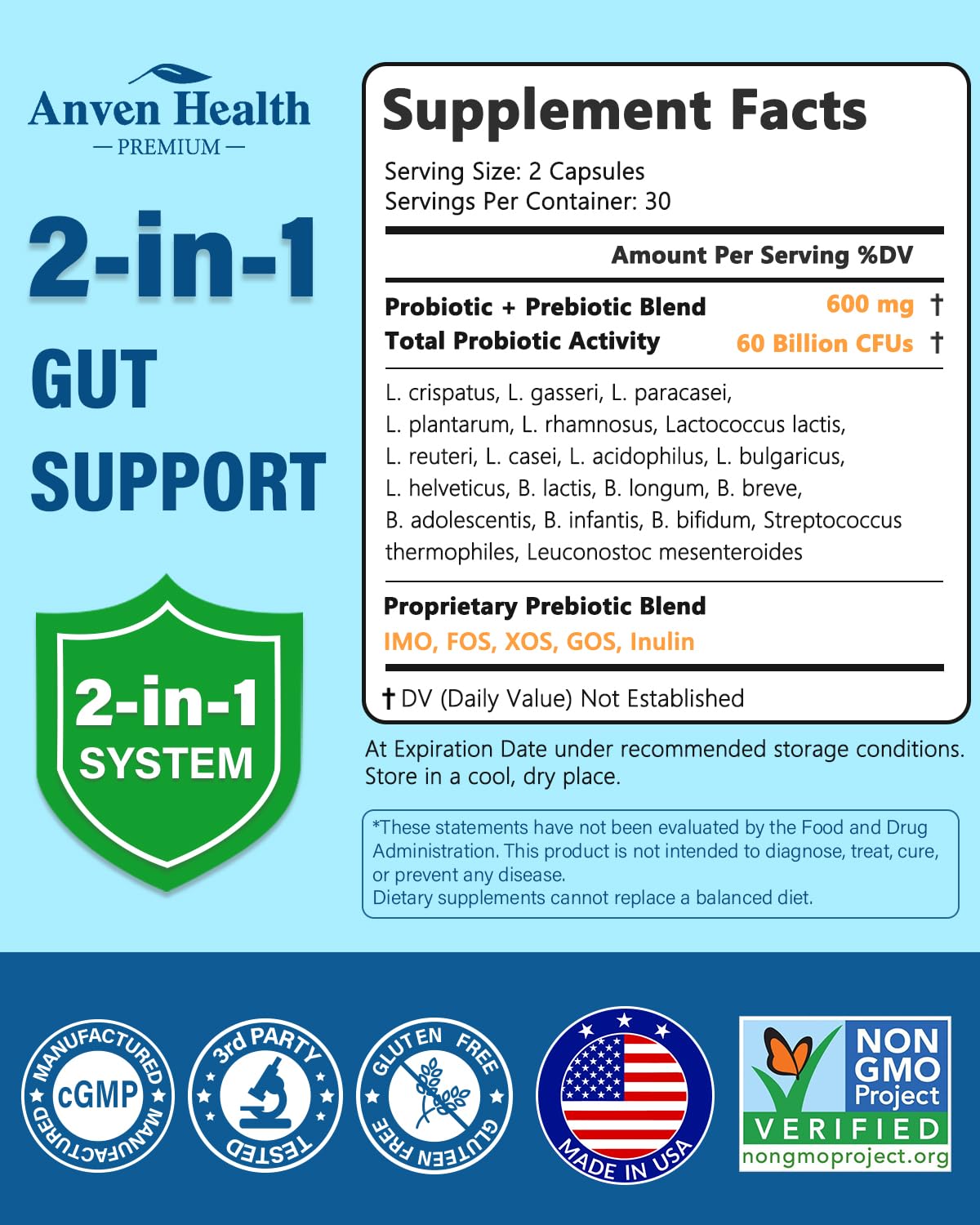 Anven Health 60 Billion Probiotic and Prebiotic for Women and Men - 19 Strains 5 Organic Prebiotics for Gut Digestive & Immune Health, Supports Diarrhea Gas Bloating, Non-GMO – Made in USA丨60 Caps - Maple Wellness Supplements