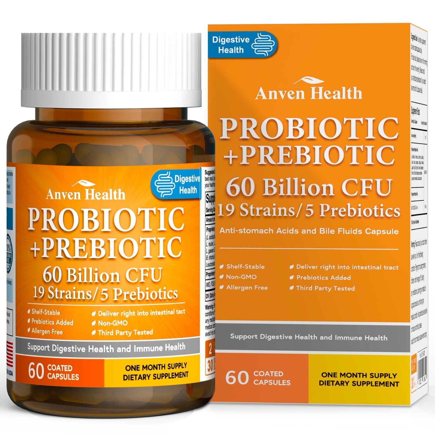 Anven Health 60 Billion Probiotic and Prebiotic for Women and Men - 19 Strains 5 Organic Prebiotics for Gut Digestive & Immune Health, Supports Diarrhea Gas Bloating, Non-GMO – Made in USA丨60 Caps - Maple Wellness Supplements