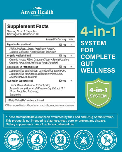 Anven Health 800mg Digestive Enzymes for Men and Women with Probiotics & Prebiotics, 8 Key Enzymes, Protease, Amylase & Lipase | 180 Capsules - A 60-Day Supply for Bloating & Gas Relief - Non-GMO - Maple Wellness Supplements