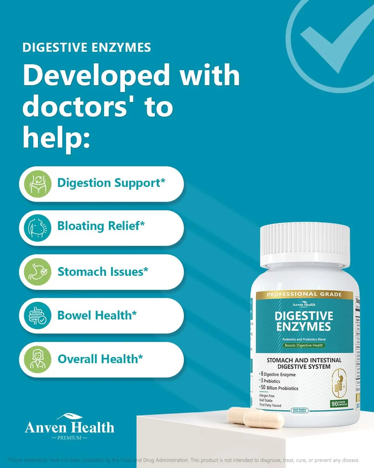 Anven Health 800mg Digestive Enzymes for Men and Women with Probiotics & Prebiotics, 8 Key Enzymes, Protease, Amylase & Lipase | 180 Capsules - A 60-Day Supply for Bloating & Gas Relief - Non-GMO - Maple Wellness Supplements