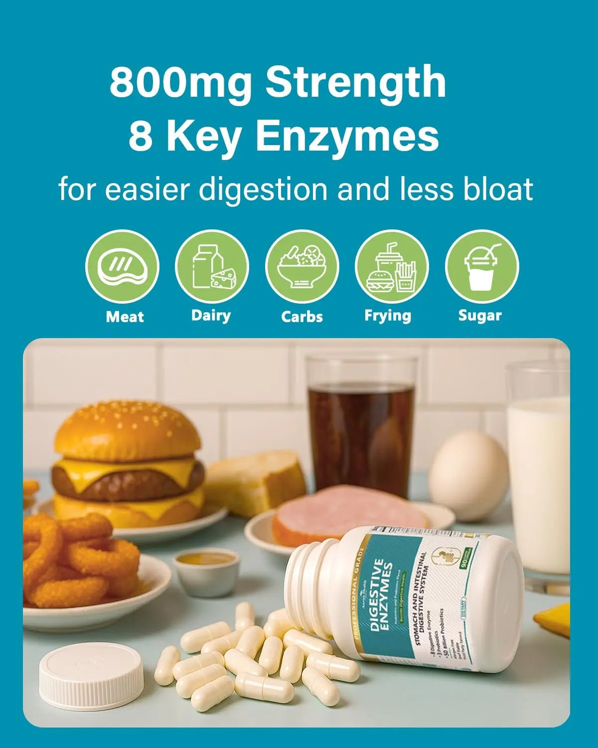 Anven Health 800mg Digestive Enzymes for Men and Women with Probiotics & Prebiotics, 8 Key Enzymes, Protease, Amylase & Lipase | 180 Capsules - A 60-Day Supply for Bloating & Gas Relief - Non-GMO - Maple Wellness Supplements