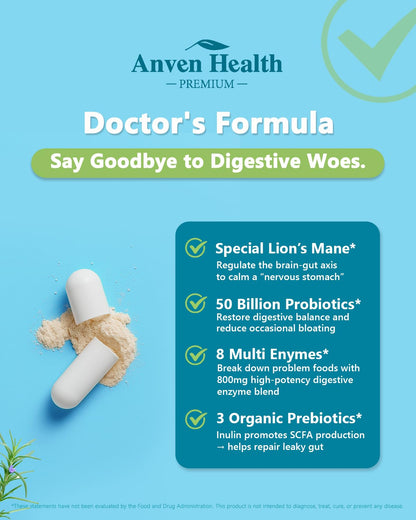 Anven Health 800mg Digestive Enzymes for Men and Women with Probiotics & Prebiotics, 8 Key Enzymes, Protease, Amylase & Lipase | 270 Capsules - A 90-Day Supply - Maple Wellness Supplements