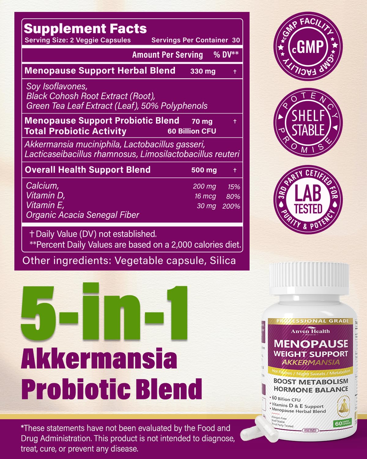 Anven Health Menopause Supplements for Women 60 Billion with Akkermansia Probiotic & Prebiotic, Vitamin D & E for Hormone Balance, Metabolism, Gut Health, Hot Flashes - Non-GMO | 120 Caps - Maple Wellness Supplements