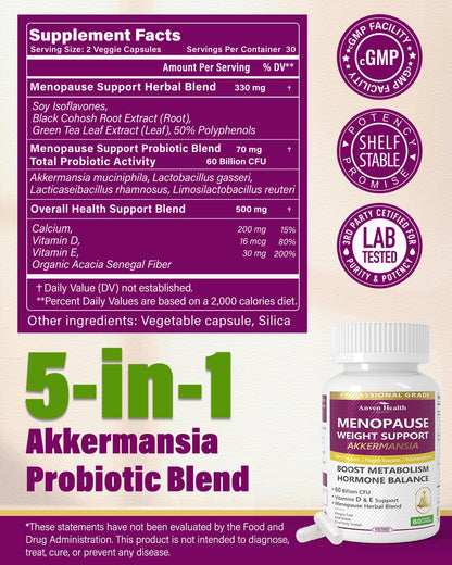 Anven Health Menopause Supplements for Women 60 Billion with Akkermansia Probiotic & Prebiotic, Vitamin D & E for Hormone Balance, Metabolism, Gut Health, Hot Flashes - Non-GMO | 120 Caps - Maple Wellness Supplements