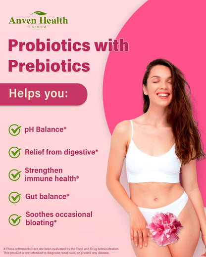 Anven Health Probiotics and Prebiotics for Women pH Balance & Digestion - 60 Billion Vaginal Probiotic with Cranberry & D-Mannose for Gut, Urinary, Immune Health, - Maple Wellness Supplements