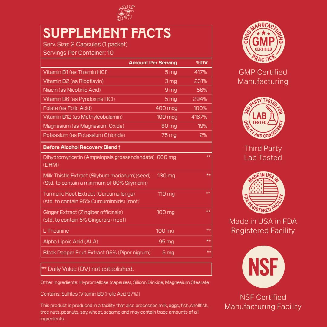 Apéritif Before Alcohol Recovery Supplement - DHM (Dihydromyricetin), Milk Thistle, Turmeric & B Vitamins - Hydration & Liver Support for Morning Clarity - Maple Wellness Supplements