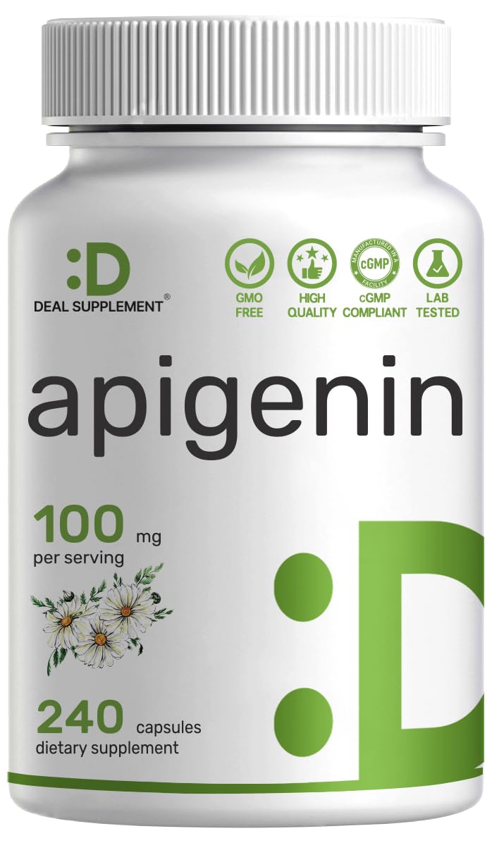 Apigenin, 100mg Per Serving, 240 Capsules – Raw Plant Extract from Chamomile Flower – Active Bioflavonoids & Antioxidants - Maple Wellness Supplements