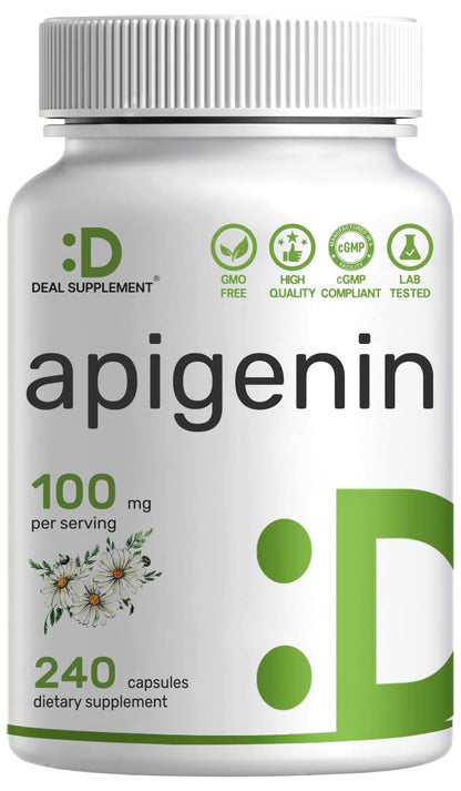 Apigenin, 100mg Per Serving, 240 Capsules – Raw Plant Extract from Chamomile Flower – Active Bioflavonoids & Antioxidants - Maple Wellness Supplements