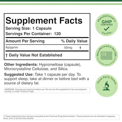 Apigenin Supplement - 50mg per Capsule, 120 Count (Powerful Bioflavonoid Found in Chamomile Tea for Relaxation, Sleep, and Mood) Senolytic - Maple Wellness Supplements