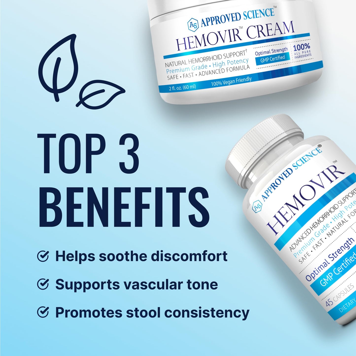Approved Science Hemovir - Hemorrhoid Capsules and Cream - Dual-Action Stops Itching and Optimizes Blood Flow - Internal and External Care - 45 Capsules + 2 Fl Oz - Vegan - Non GMO - Made in The USA - Maple Wellness Supplements