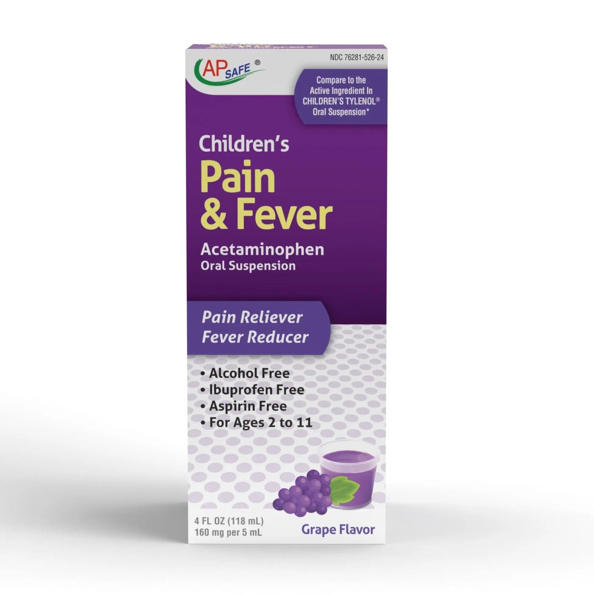 APSAFE Children's Pain&Fever Relief Acetaminophen Oral Suspension Grape Flavor 4oz - Maple Wellness Supplements