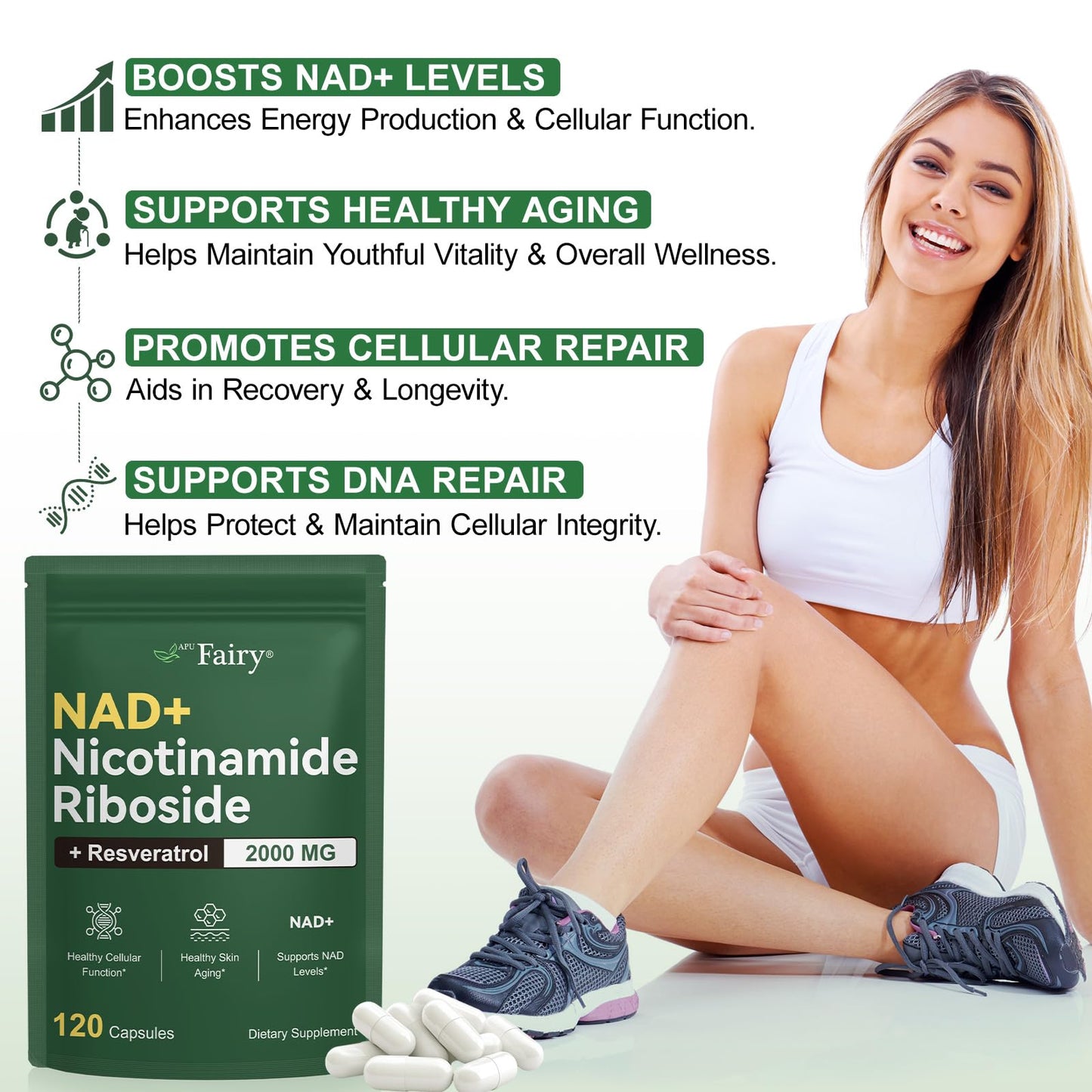 APU.FAIRY NAD Supplement,NAD Nicotinamide Riboside,Extra Strength NAD Alternative Liposomal,Boost NAD & Resveratrol + for Women & Men,Energy Anti-Aging,Cell Regeneration,120 Capsules sack-120 - Maple Wellness Supplements