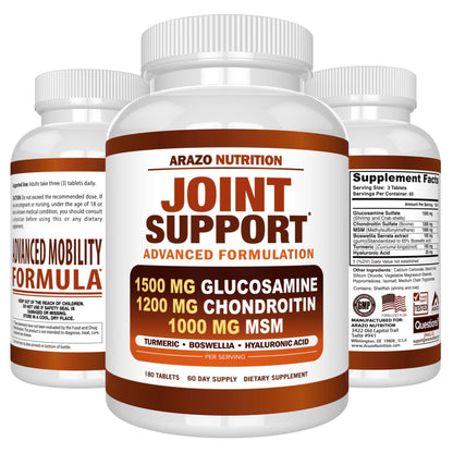 Arazo Nutrition Glucosamine Chondroitin Turmeric Msm Boswellia - Joint Support Supplement for Relief 180 Tablets for Bones, Back, - Maple Wellness Supplements