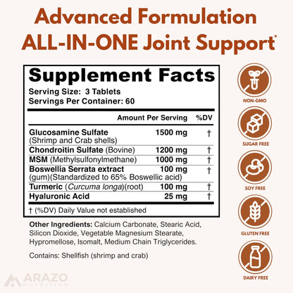Arazo Nutrition Glucosamine Chondroitin Turmeric Msm Boswellia - Joint Support Supplement for Relief 180 Tablets for Bones, Back, - Maple Wellness Supplements