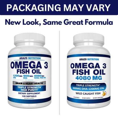 Arazo Nutrition Wild Caught Omega-3 Fish Oil Concentrate – 4,080mg per Serving – High EPA 1200mg & DHA 900mg - Maple Wellness Supplements