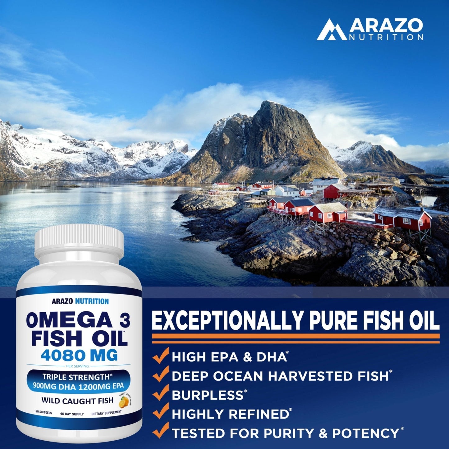 Arazo Nutrition Wild Caught Omega-3 Fish Oil Concentrate – 4,080mg per Serving – High EPA 1200mg & DHA 900mg - Maple Wellness Supplements