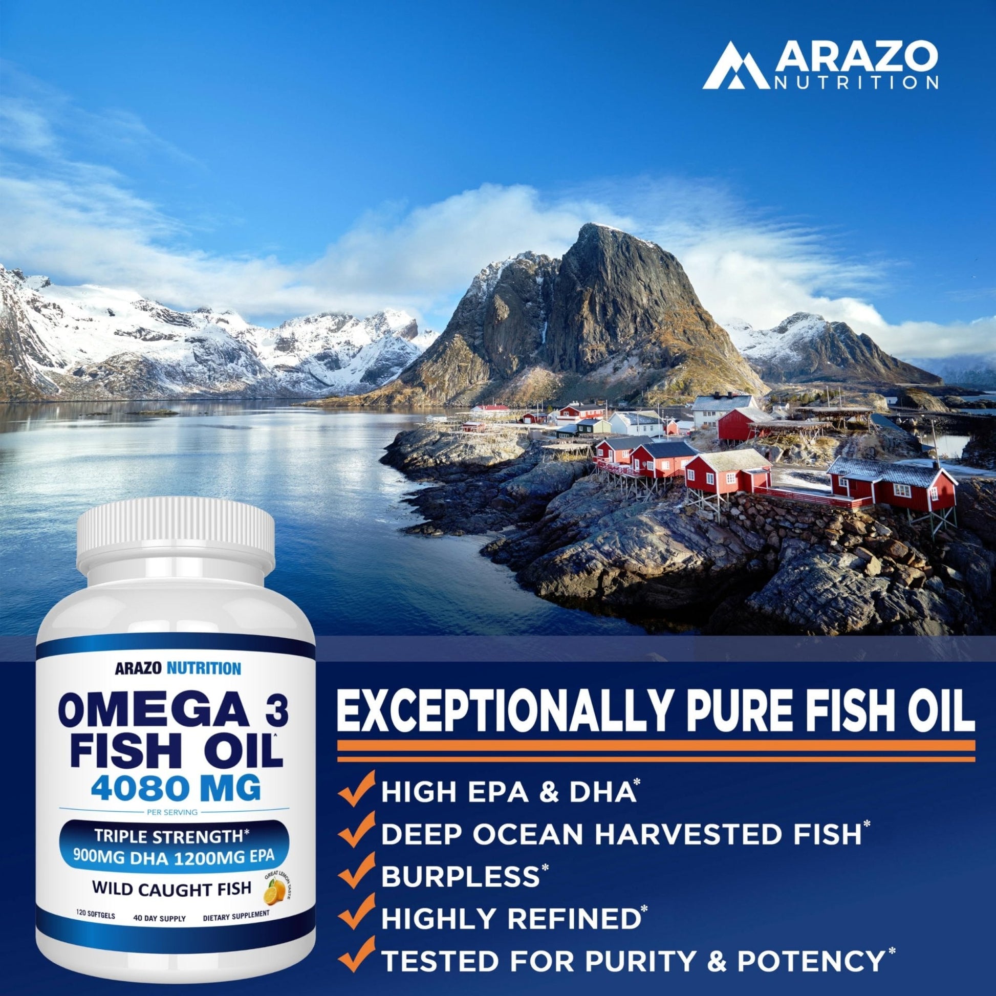 Arazo Nutrition Wild Caught Omega-3 Fish Oil Concentrate – 4,080mg per Serving – High EPA 1200mg & DHA 900mg - Maple Wellness Supplements